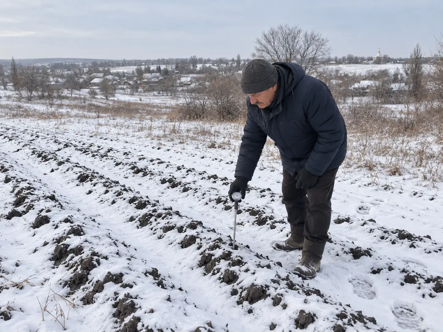 Фермер перевіряє рядки картоплі взимку на засніженому полі